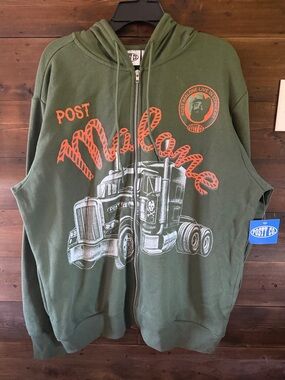 Post Malone Graphic Zip-Up Hoodie - Olive Green with Orange Print